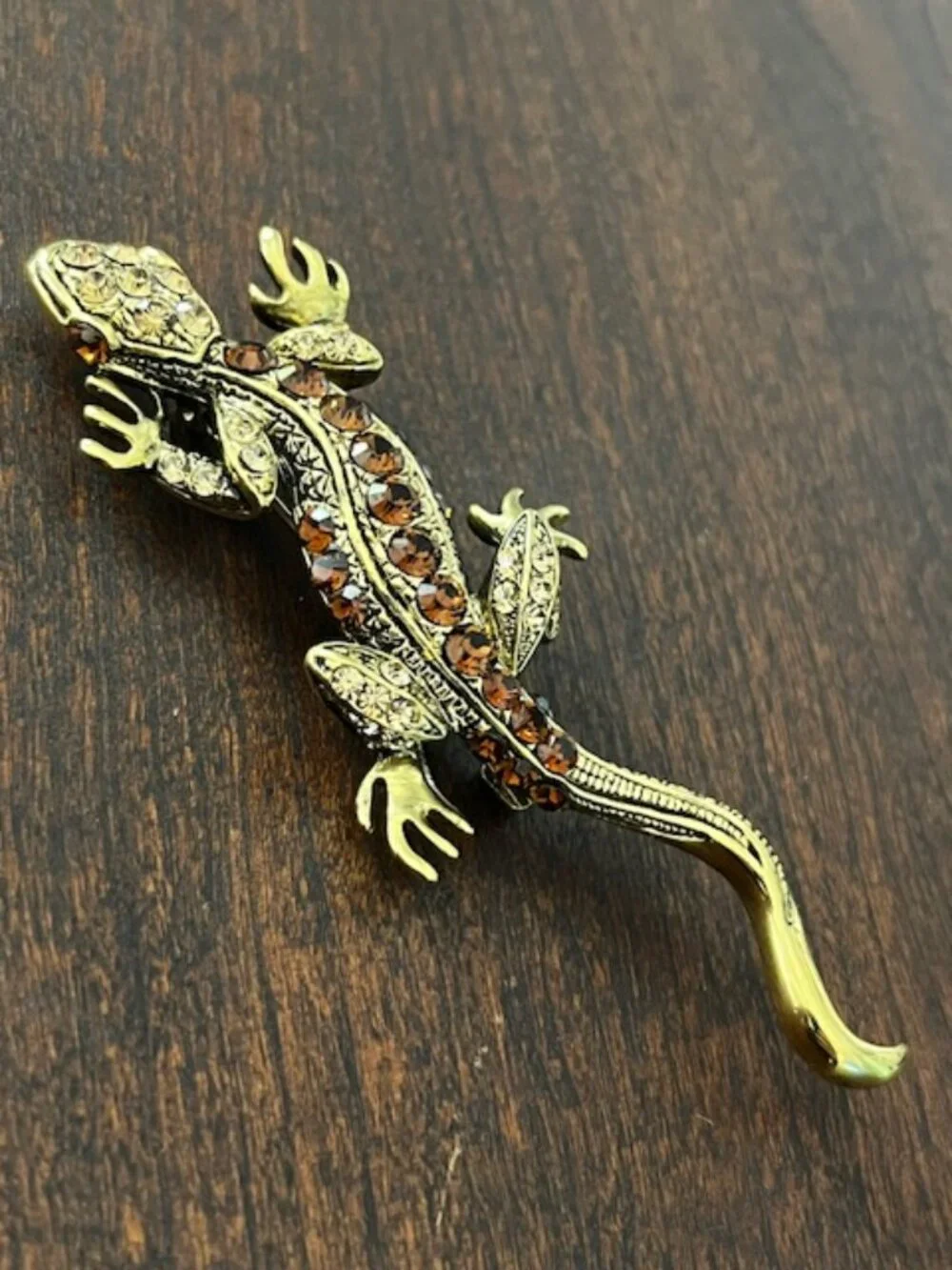 Lizard Brooch Pin Amber Gold Rhinestones Gold Tone Setting
